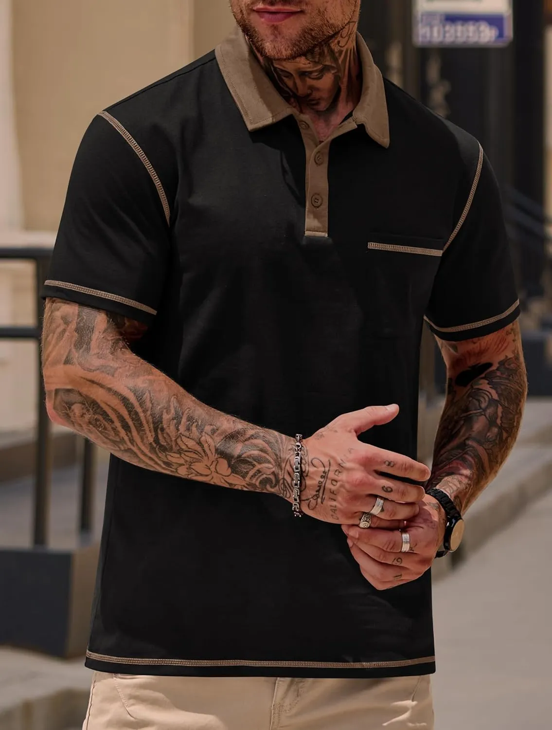 Mens Polo Shirts Casual Color Block Collar Short Sleeve Shirt with Pocket (S-XXL)