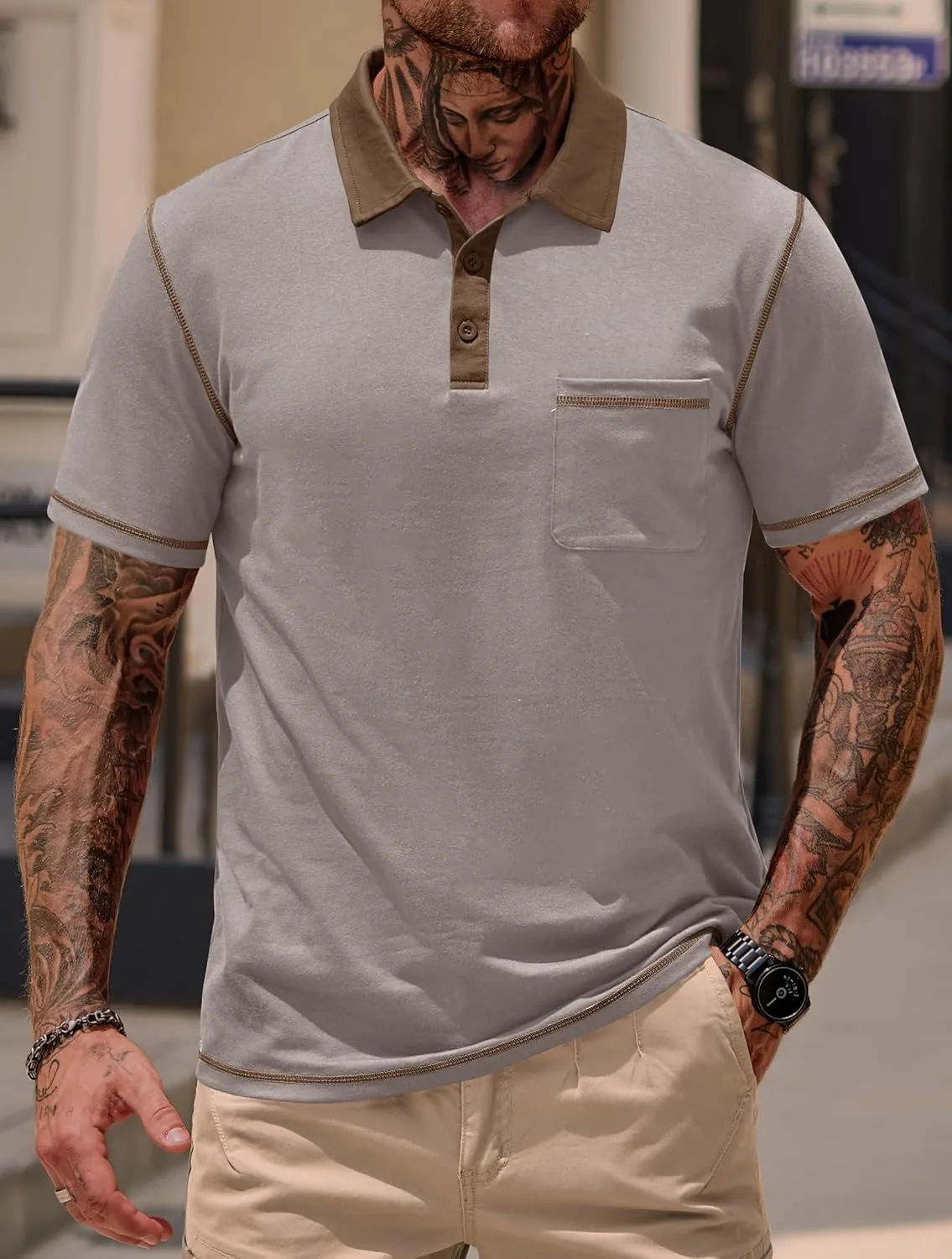 Mens Polo Shirts Casual Color Block Collar Short Sleeve Shirt with Pocket (S-XXL)