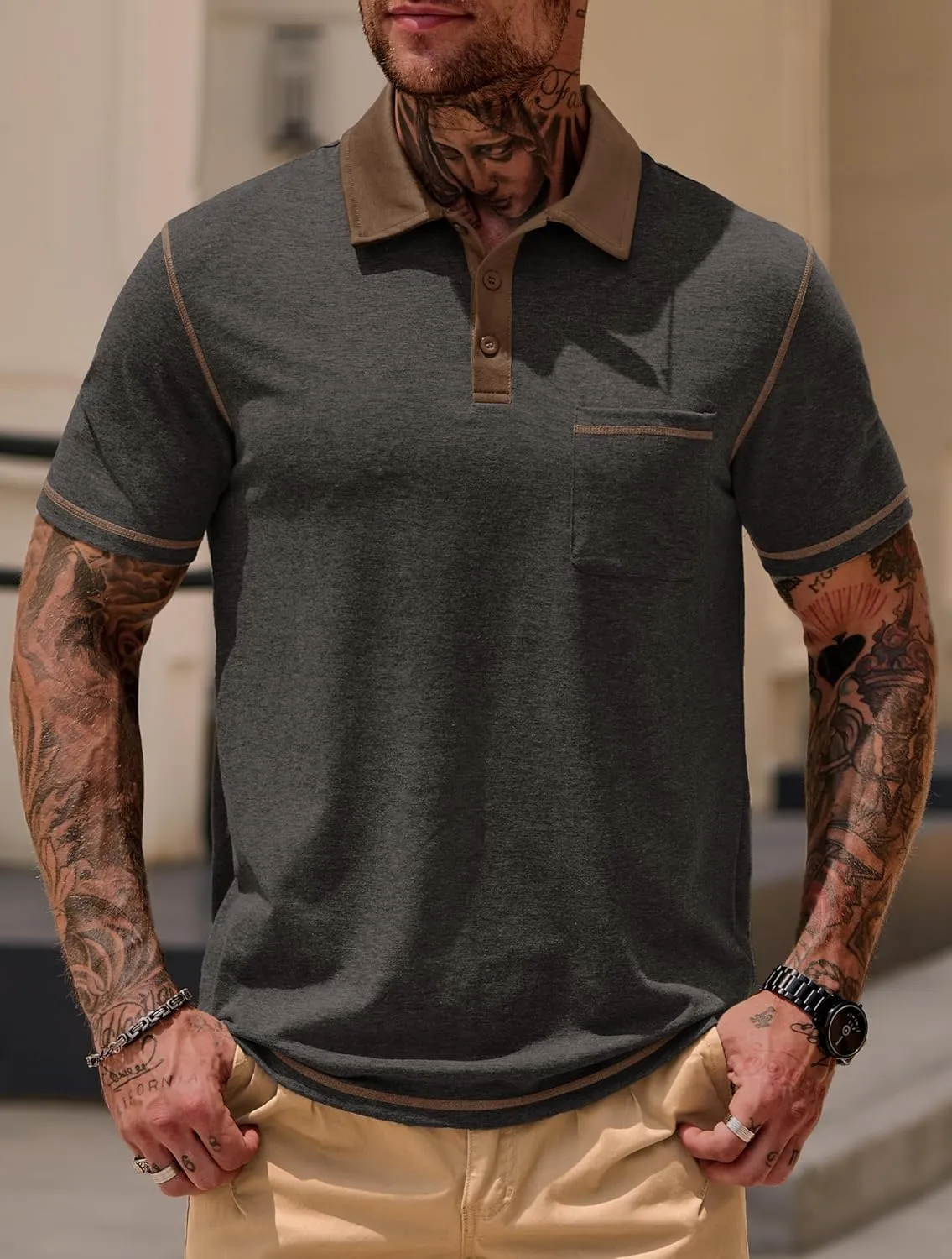 Mens Polo Shirts Casual Color Block Collar Short Sleeve Shirt with Pocket (S-XXL)