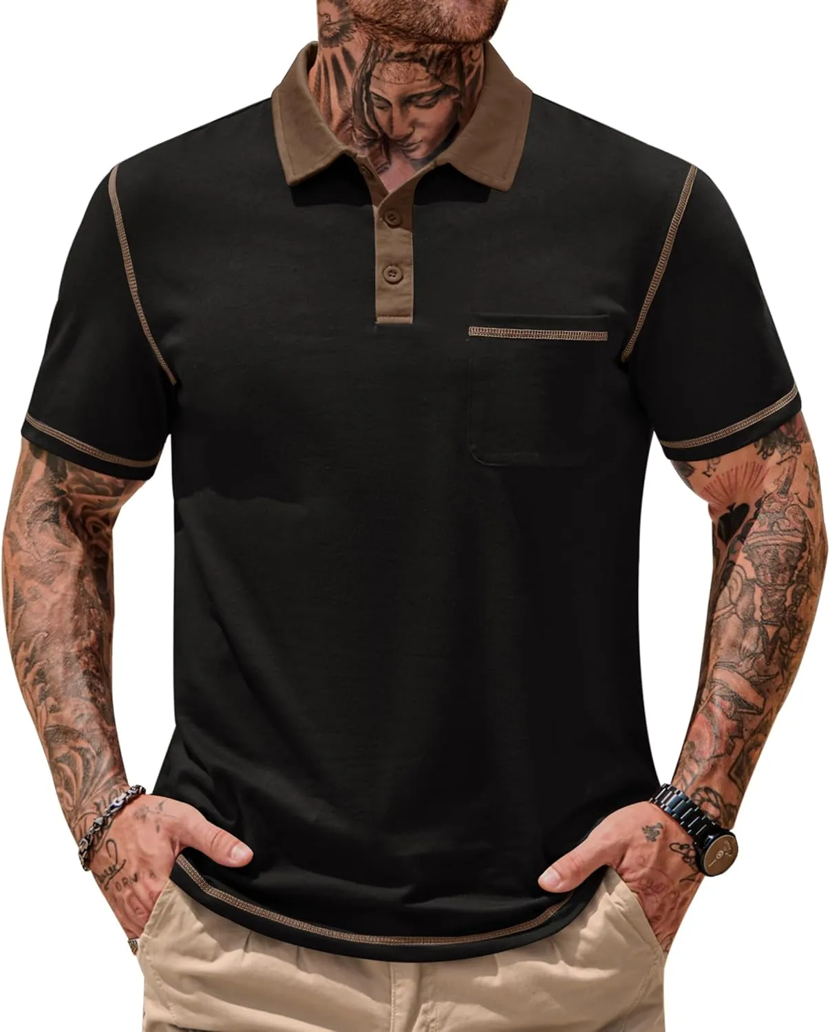 Mens Polo Shirts Casual Color Block Collar Short Sleeve Shirt with Pocket (S-XXL)