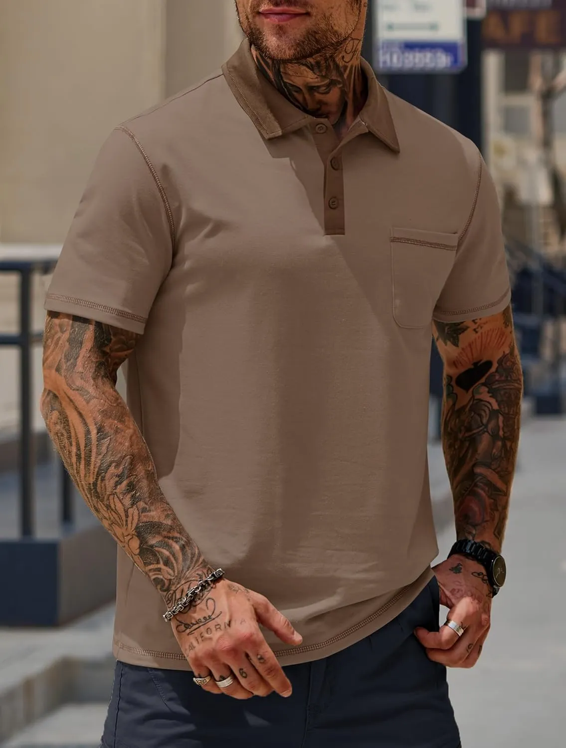 Mens Polo Shirts Casual Color Block Collar Short Sleeve Shirt with Pocket (S-XXL)