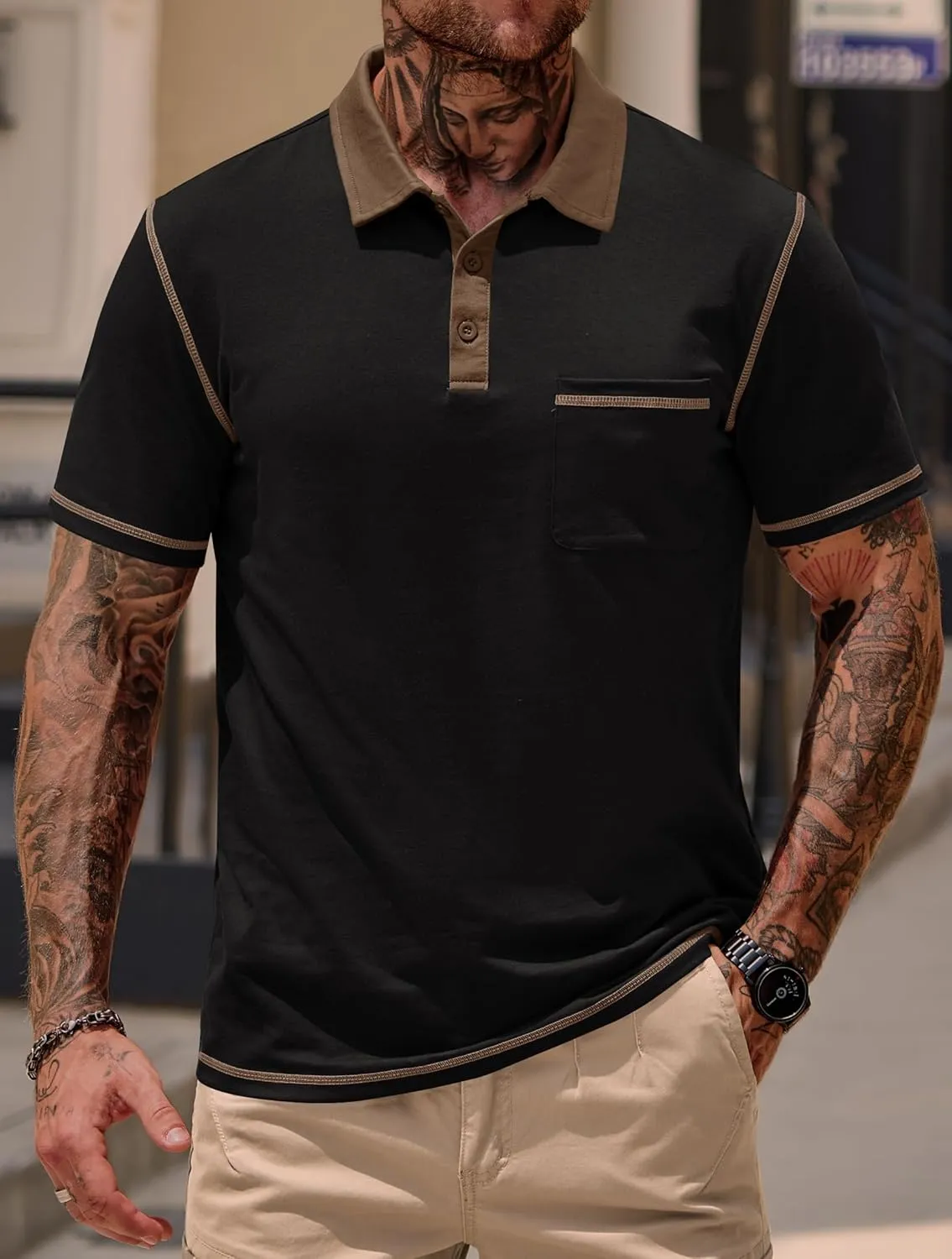Mens Polo Shirts Casual Color Block Collar Short Sleeve Shirt with Pocket (S-XXL)