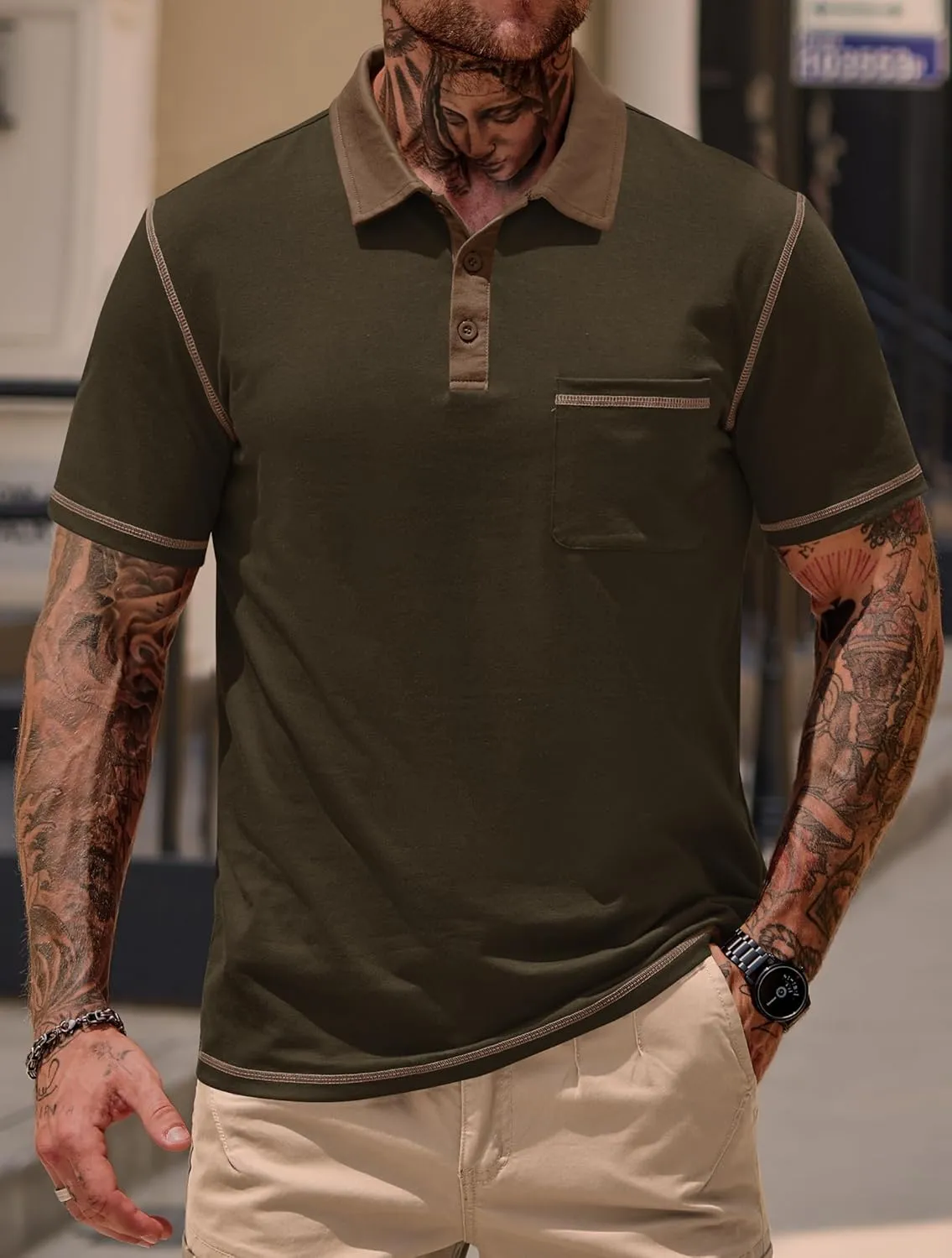 Mens Polo Shirts Casual Color Block Collar Short Sleeve Shirt with Pocket (S-XXL)