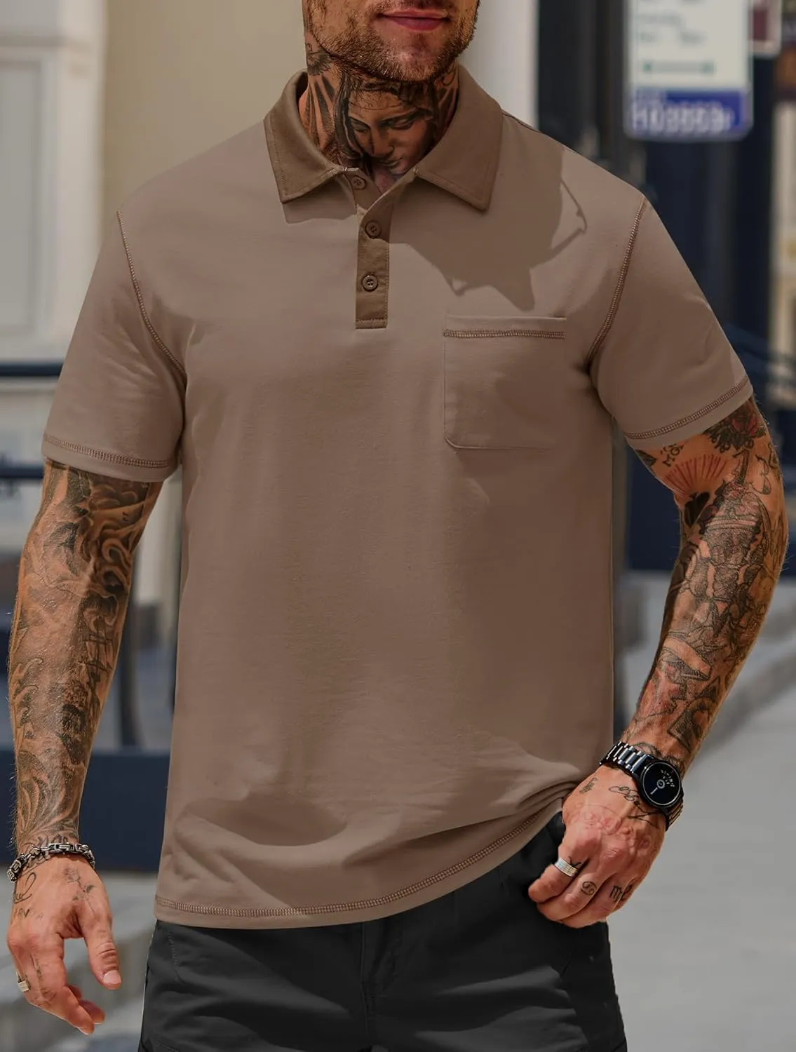 Mens Polo Shirts Casual Color Block Collar Short Sleeve Shirt with Pocket (S-XXL)