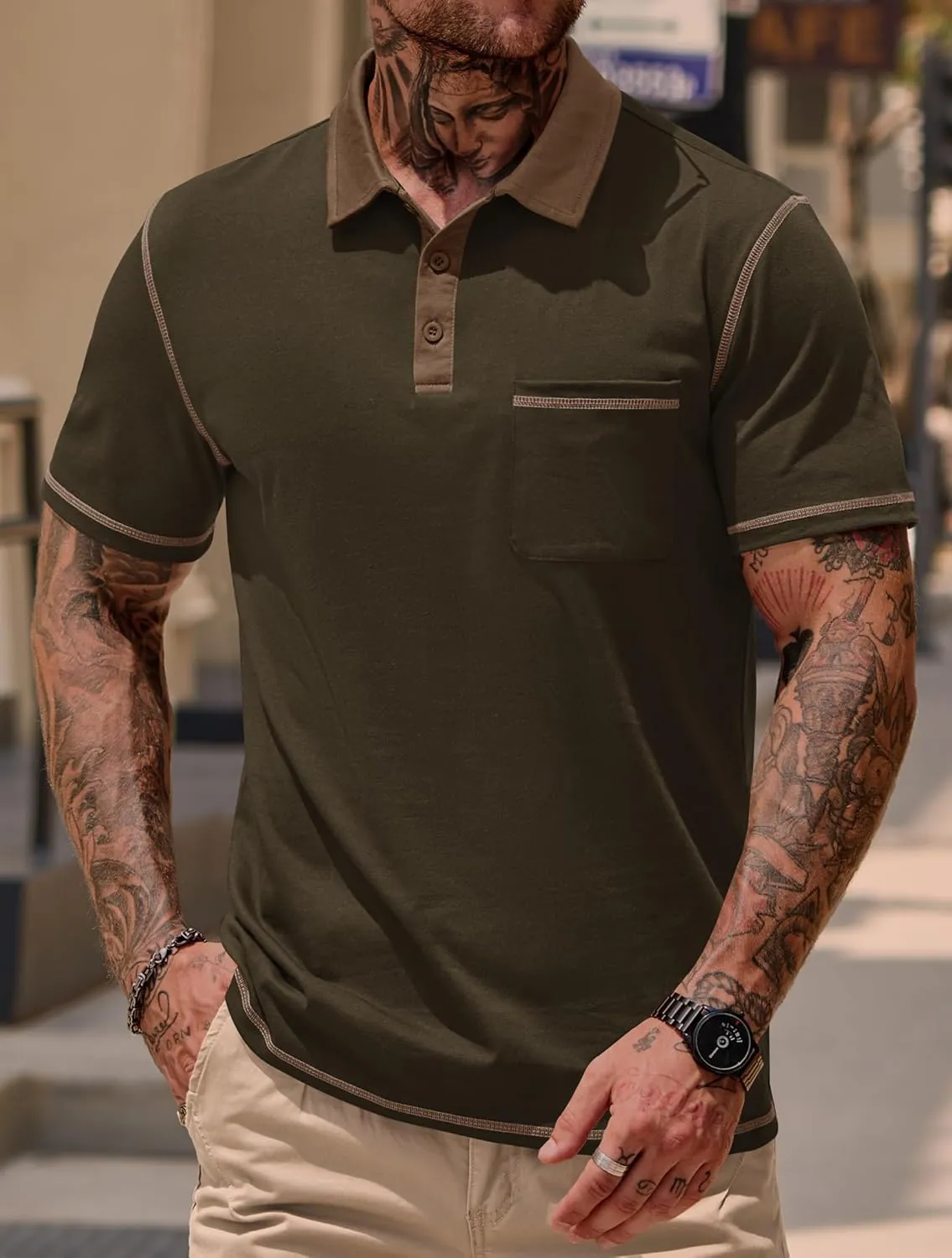 Mens Polo Shirts Casual Color Block Collar Short Sleeve Shirt with Pocket (S-XXL)