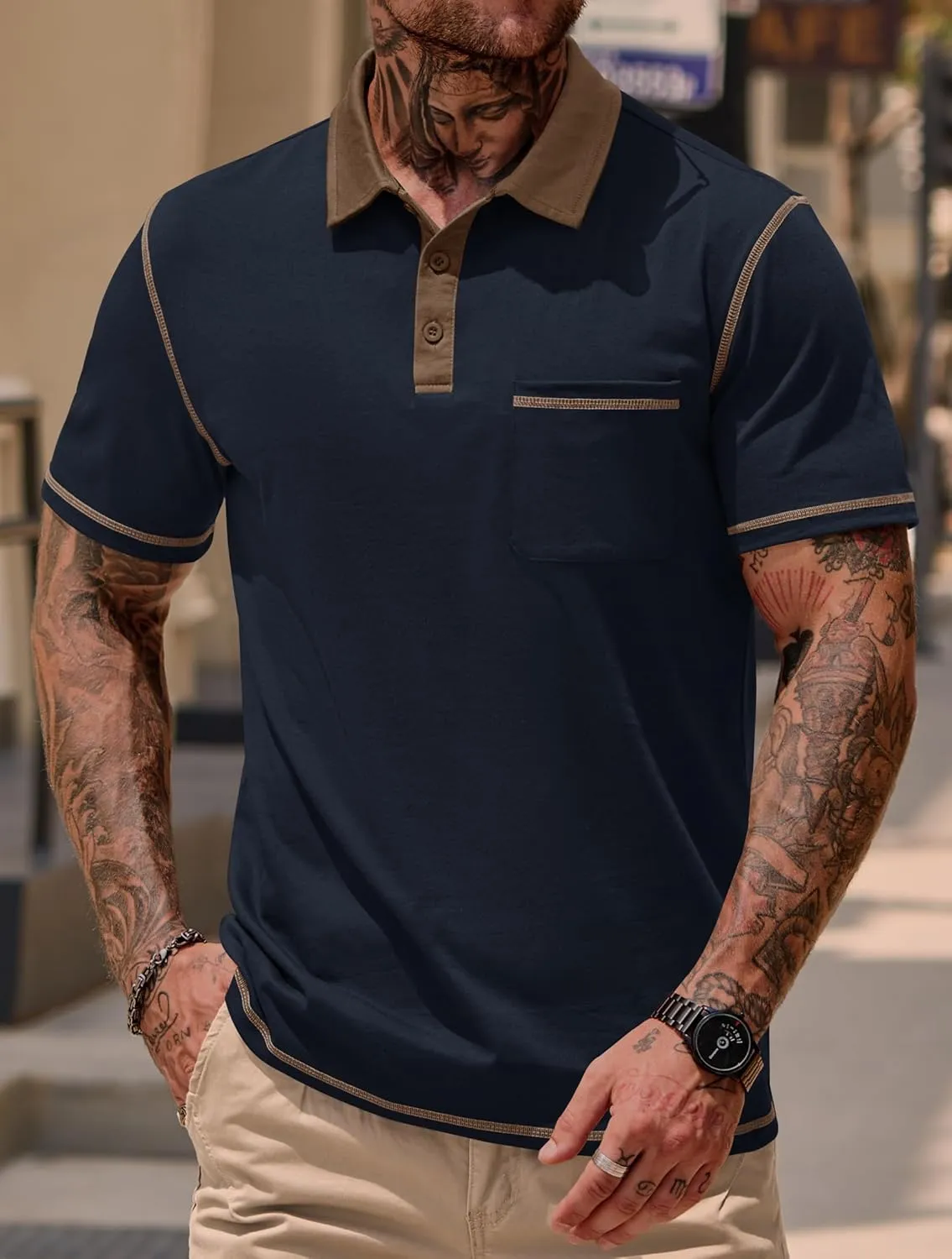 Mens Polo Shirts Casual Color Block Collar Short Sleeve Shirt with Pocket (S-XXL)
