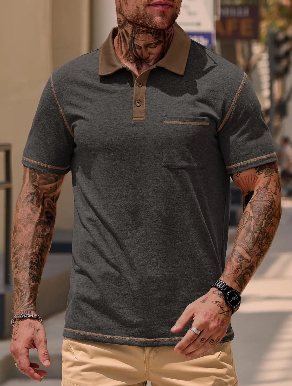 Mens Polo Shirts Casual Color Block Collar Short Sleeve Shirt with Pocket (S-XXL)