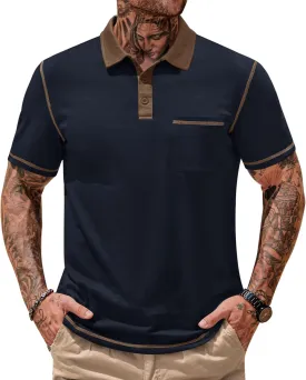 Mens Polo Shirts Casual Color Block Collar Short Sleeve Shirt with Pocket (S-XXL)
