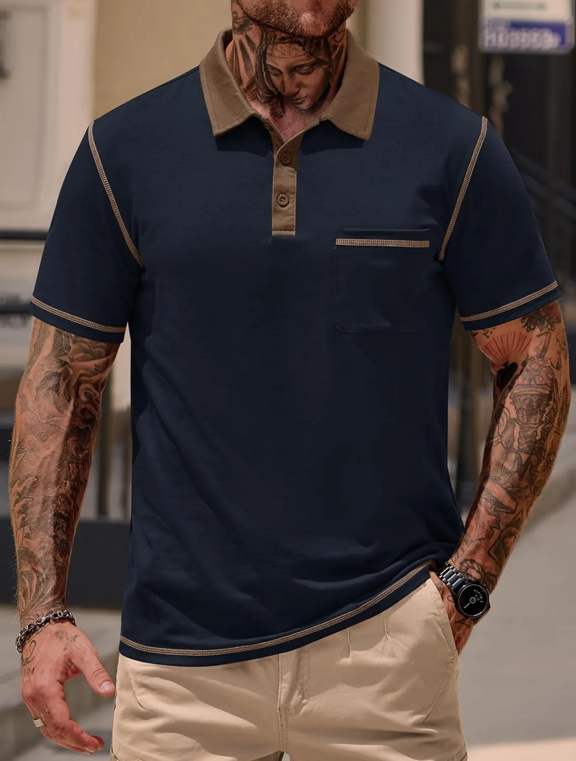 Mens Polo Shirts Casual Color Block Collar Short Sleeve Shirt with Pocket (S-XXL)