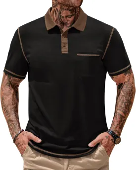 Mens Polo Shirts Casual Color Block Collar Short Sleeve Shirt with Pocket (S-XXL)