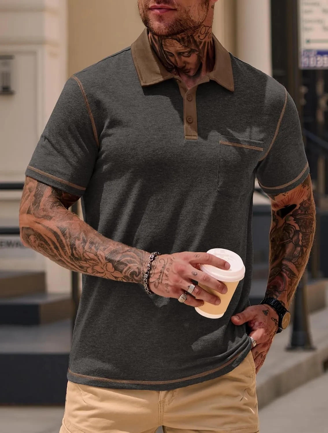 Mens Polo Shirts Casual Color Block Collar Short Sleeve Shirt with Pocket (S-XXL)