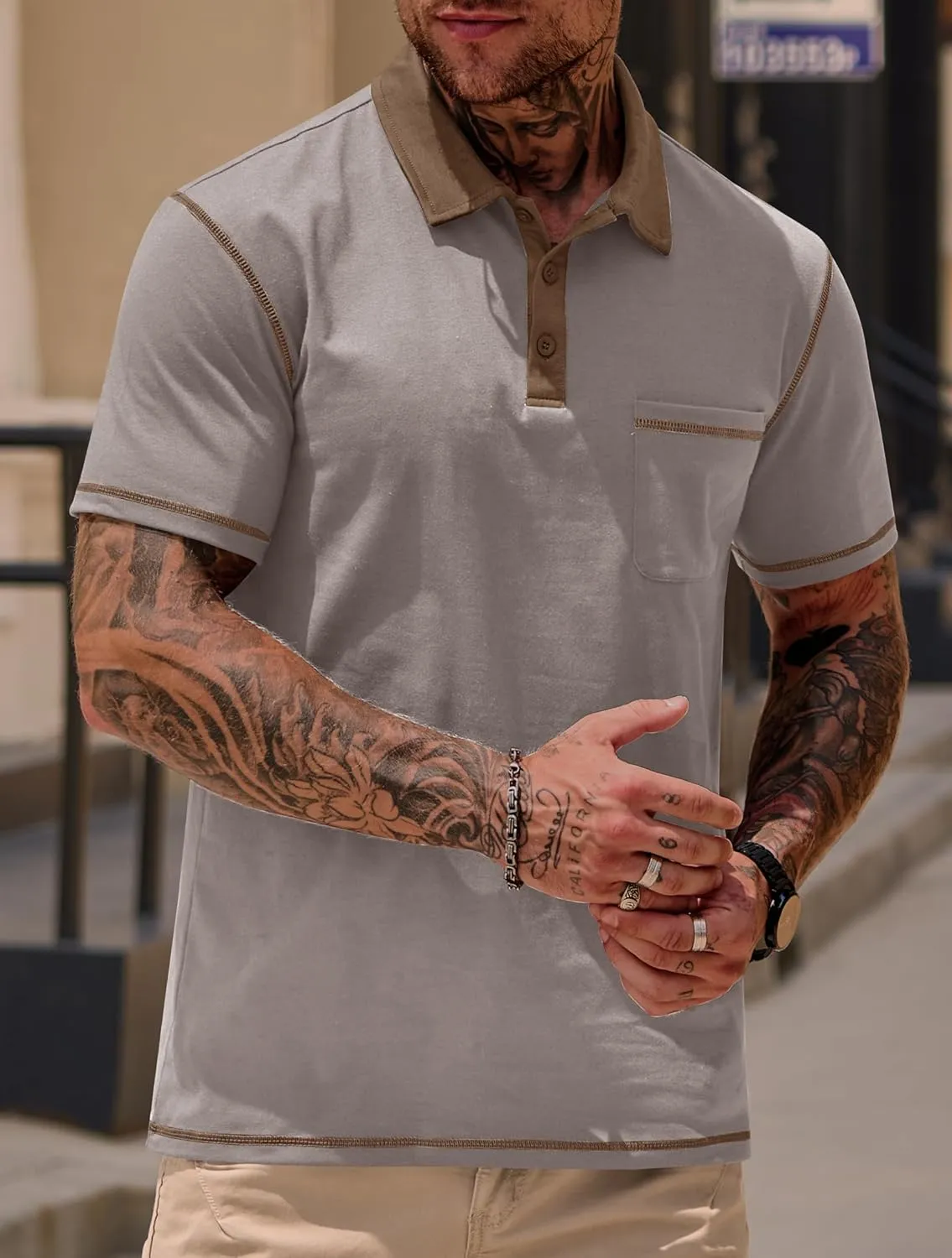 Mens Polo Shirts Casual Color Block Collar Short Sleeve Shirt with Pocket (S-XXL)