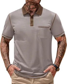 Mens Polo Shirts Casual Color Block Collar Short Sleeve Shirt with Pocket (S-XXL)