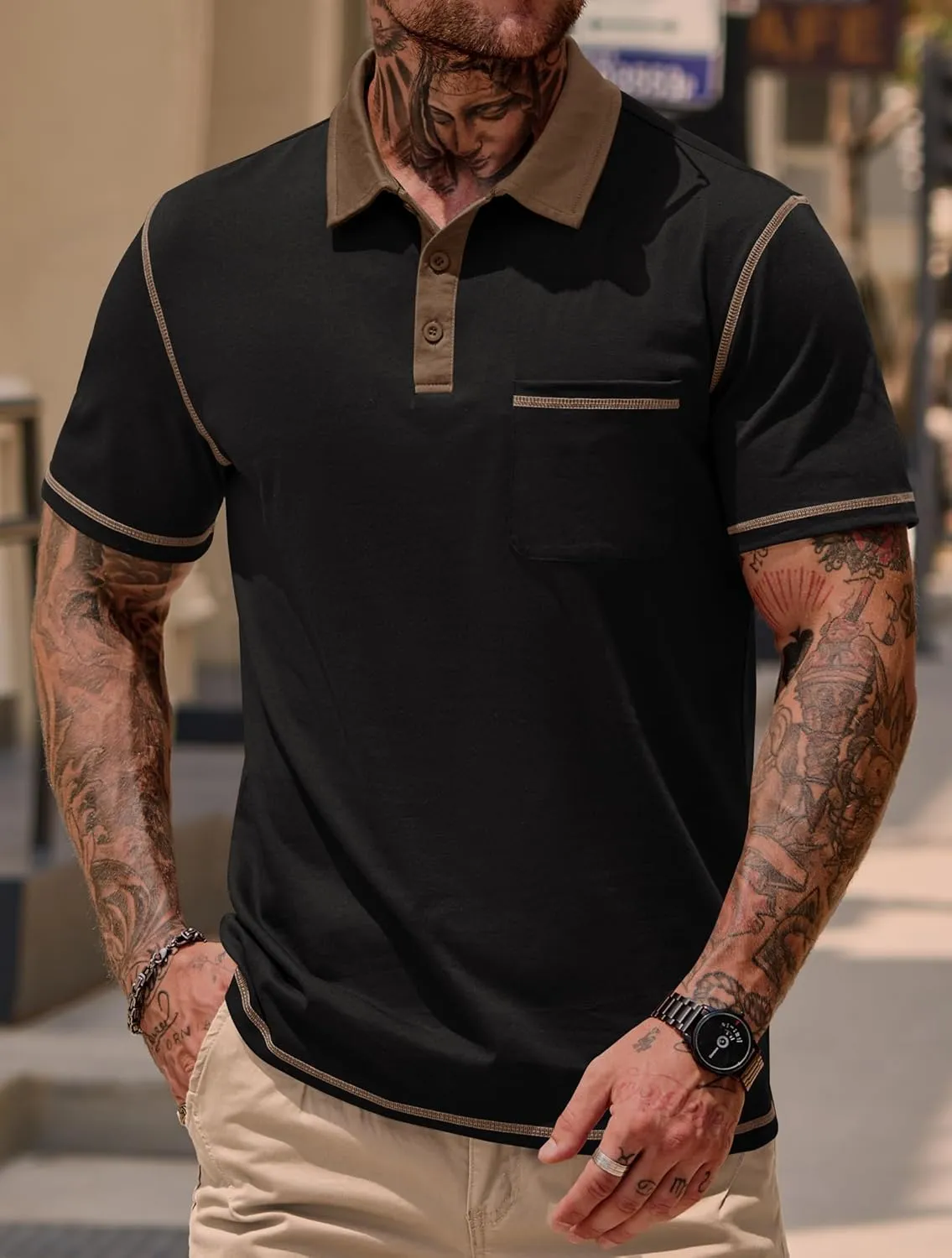 Mens Polo Shirts Casual Color Block Collar Short Sleeve Shirt with Pocket (S-XXL)