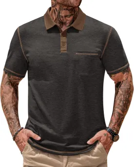 Mens Polo Shirts Casual Color Block Collar Short Sleeve Shirt with Pocket (S-XXL)