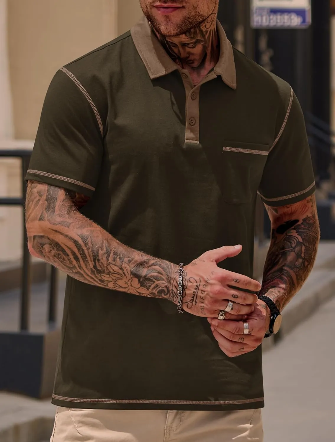 Mens Polo Shirts Casual Color Block Collar Short Sleeve Shirt with Pocket (S-XXL)