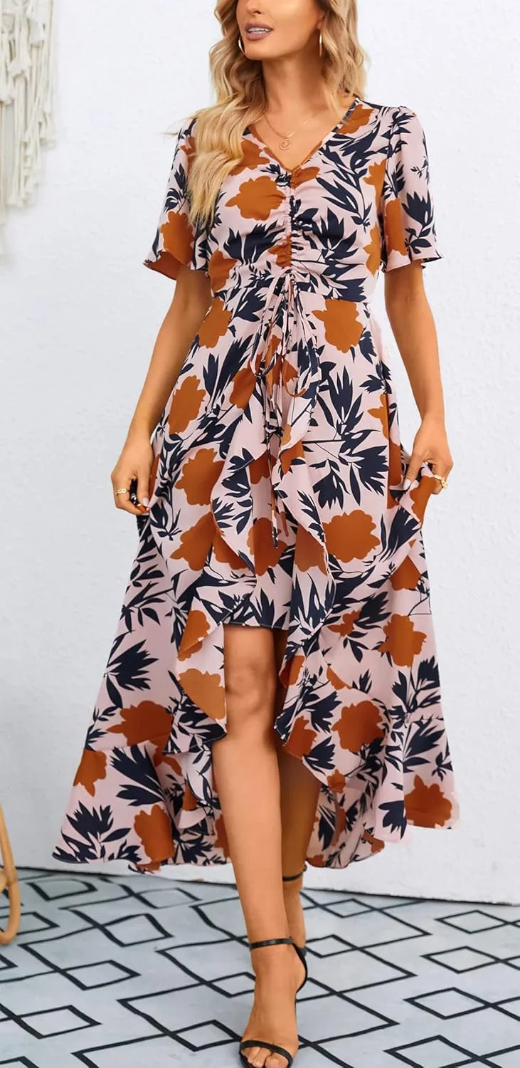 Mizukai Womens Short Sleeve V Neck Drawstring Adjustable Strap High Low Flowy Summer Casual Party Long Maxi Dress