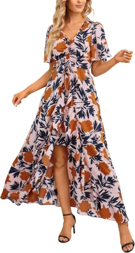 Mizukai Womens Short Sleeve V Neck Drawstring Adjustable Strap High Low Flowy Summer Casual Party Long Maxi Dress