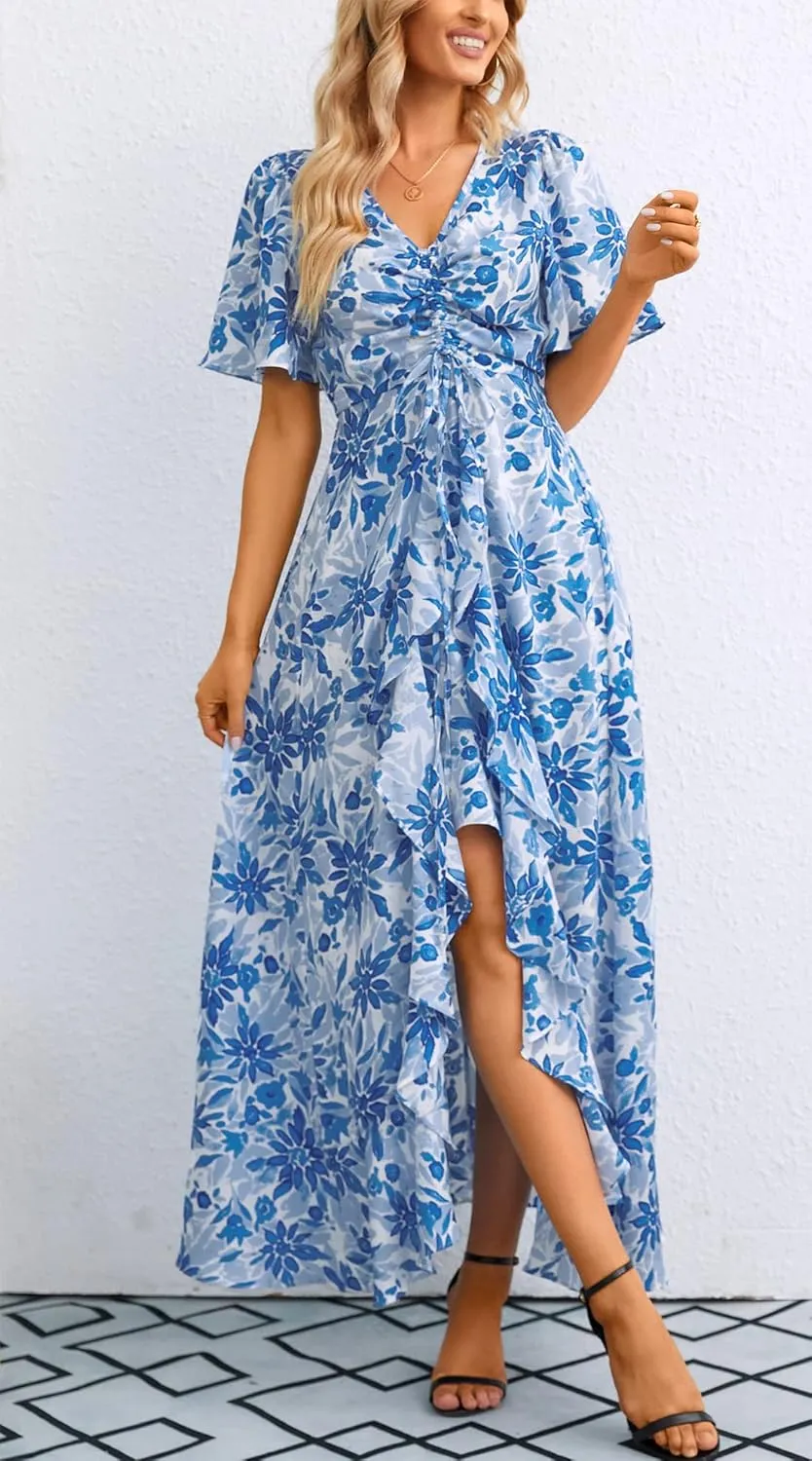Mizukai Womens Short Sleeve V Neck Drawstring Adjustable Strap High Low Flowy Summer Casual Party Long Maxi Dress