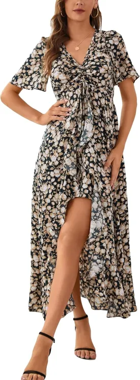 Mizukai Womens Short Sleeve V Neck Drawstring Adjustable Strap High Low Flowy Summer Casual Party Long Maxi Dress