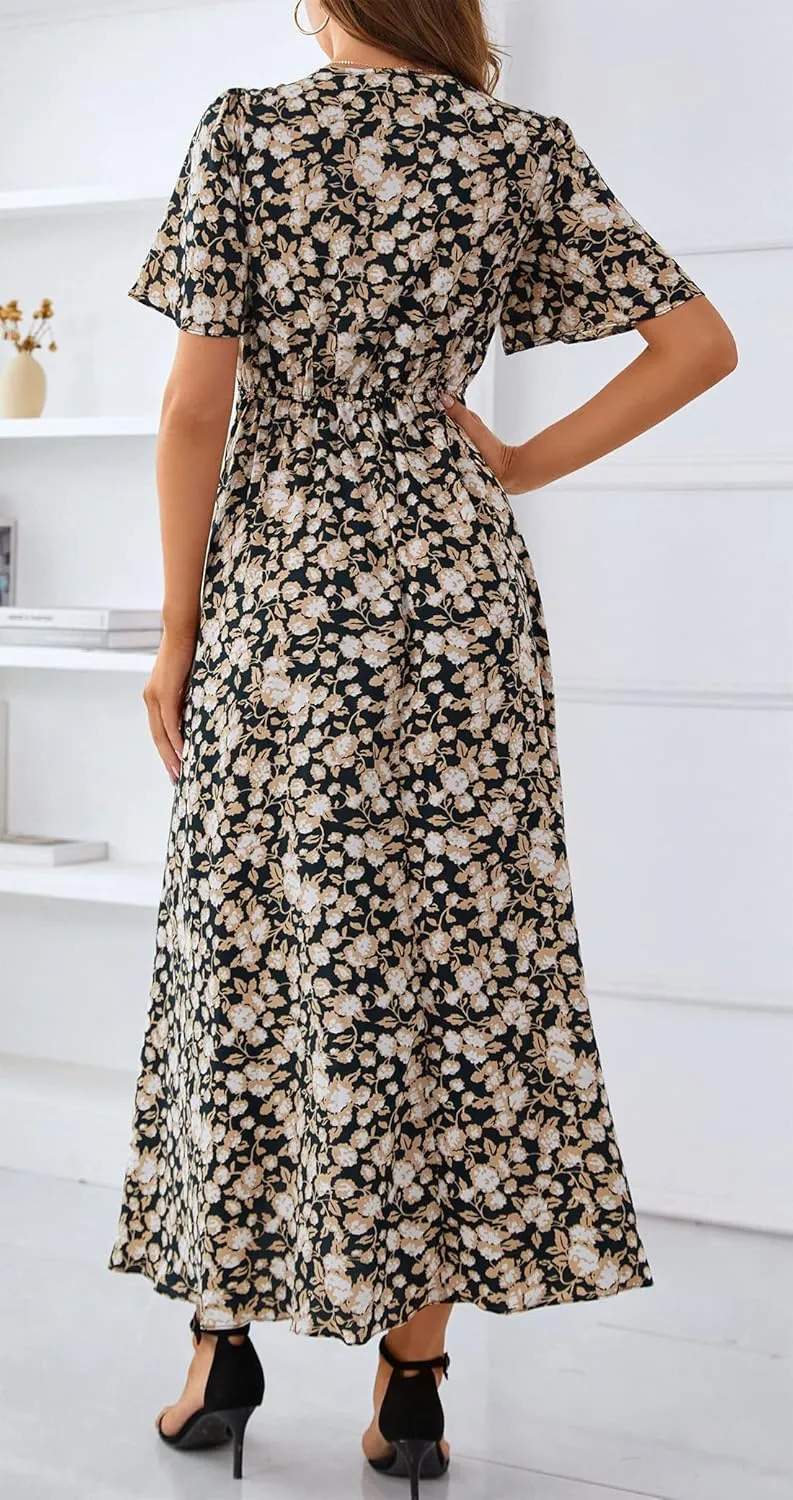 Mizukai Womens Short Sleeve V Neck Drawstring Adjustable Strap High Low Flowy Summer Casual Party Long Maxi Dress