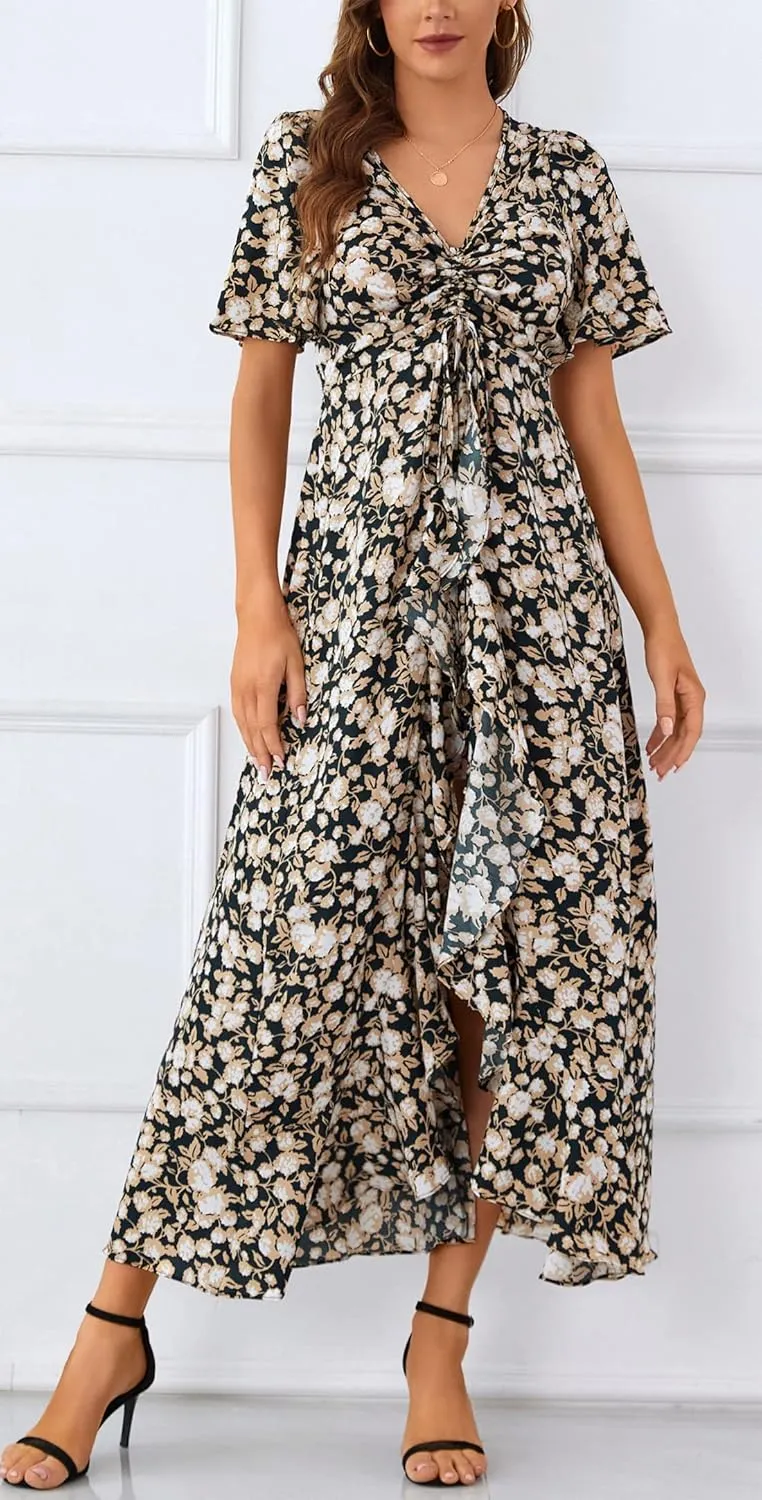 Mizukai Womens Short Sleeve V Neck Drawstring Adjustable Strap High Low Flowy Summer Casual Party Long Maxi Dress