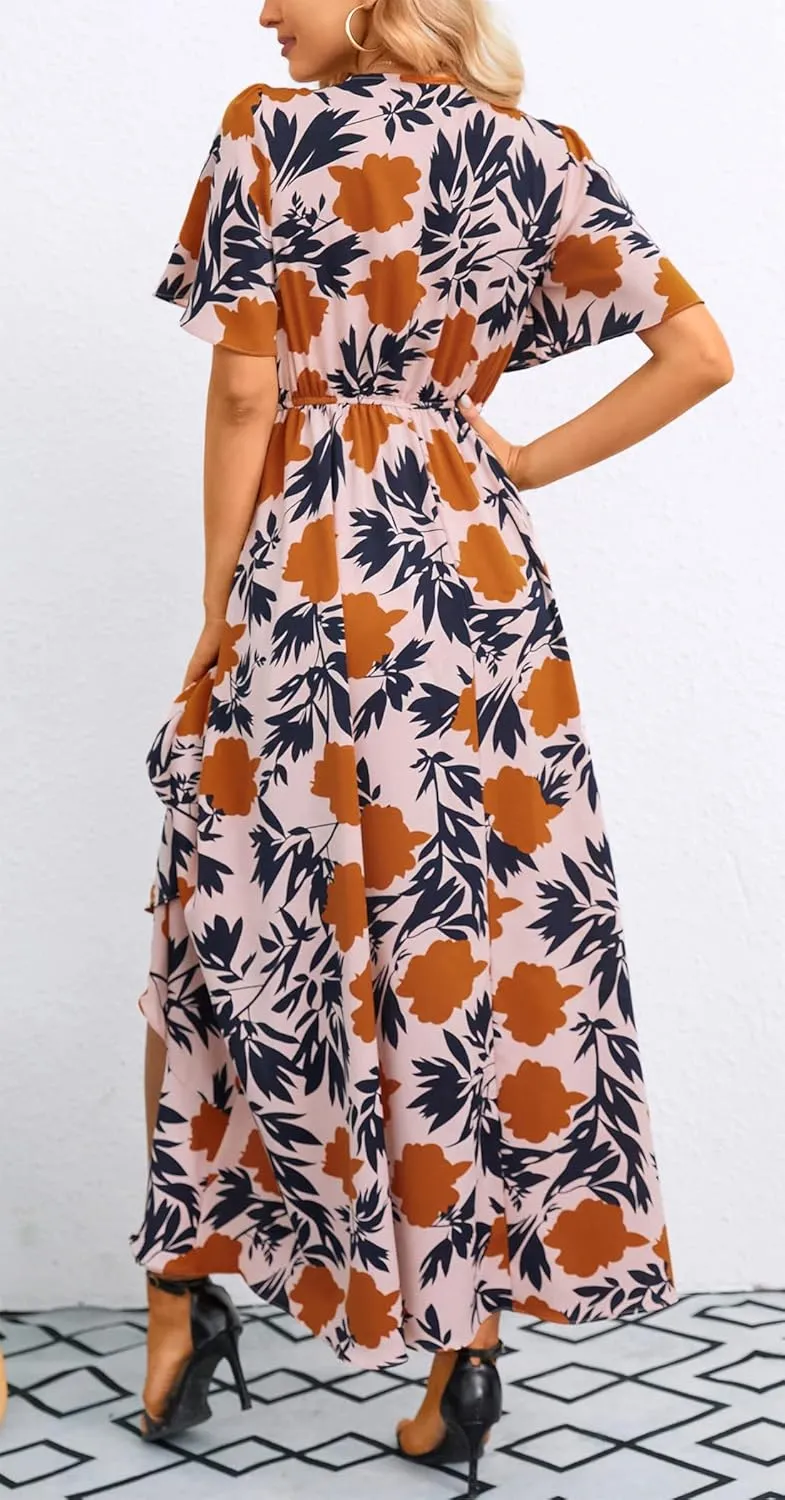 Mizukai Womens Short Sleeve V Neck Drawstring Adjustable Strap High Low Flowy Summer Casual Party Long Maxi Dress