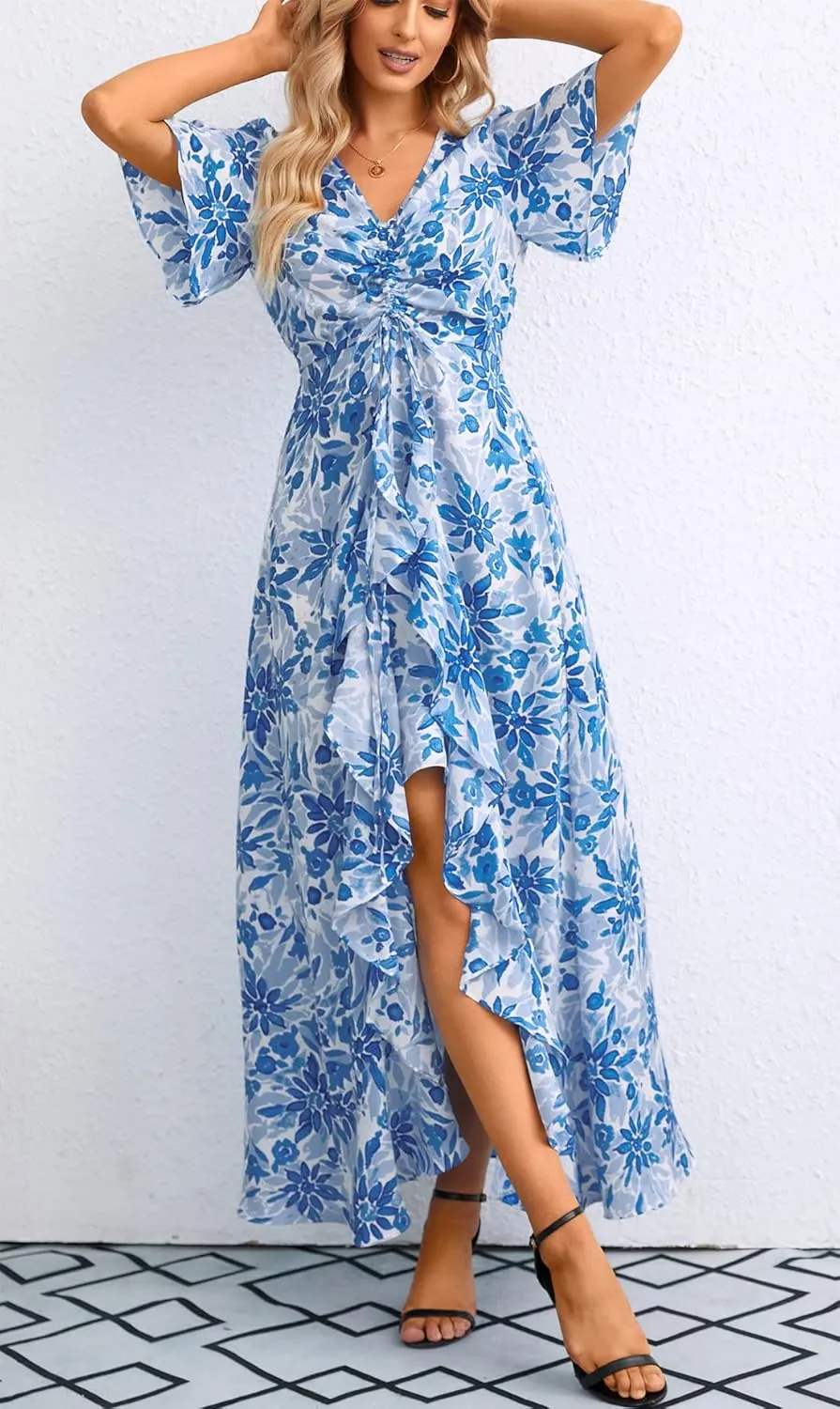 Mizukai Womens Short Sleeve V Neck Drawstring Adjustable Strap High Low Flowy Summer Casual Party Long Maxi Dress