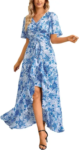 Mizukai Womens Short Sleeve V Neck Drawstring Adjustable Strap High Low Flowy Summer Casual Party Long Maxi Dress