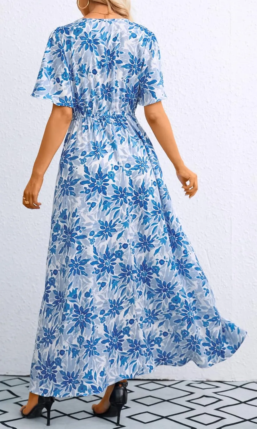 Mizukai Womens Short Sleeve V Neck Drawstring Adjustable Strap High Low Flowy Summer Casual Party Long Maxi Dress