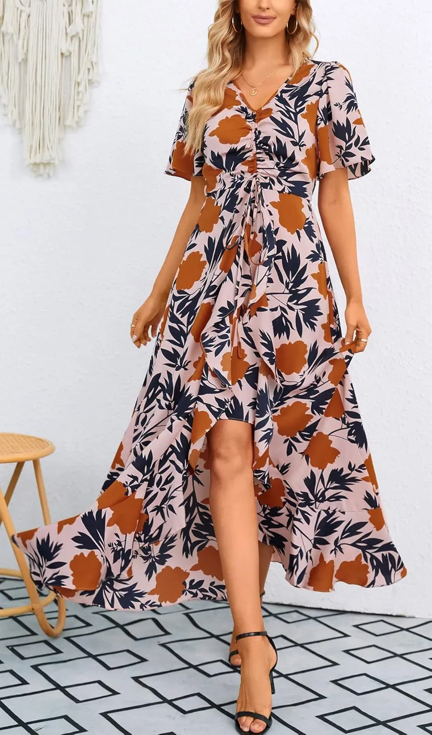 Mizukai Womens Short Sleeve V Neck Drawstring Adjustable Strap High Low Flowy Summer Casual Party Long Maxi Dress