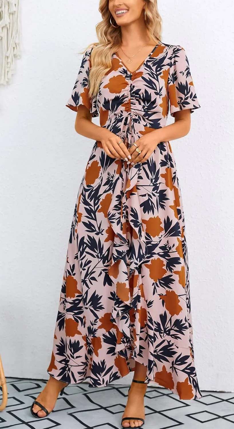 Mizukai Womens Short Sleeve V Neck Drawstring Adjustable Strap High Low Flowy Summer Casual Party Long Maxi Dress