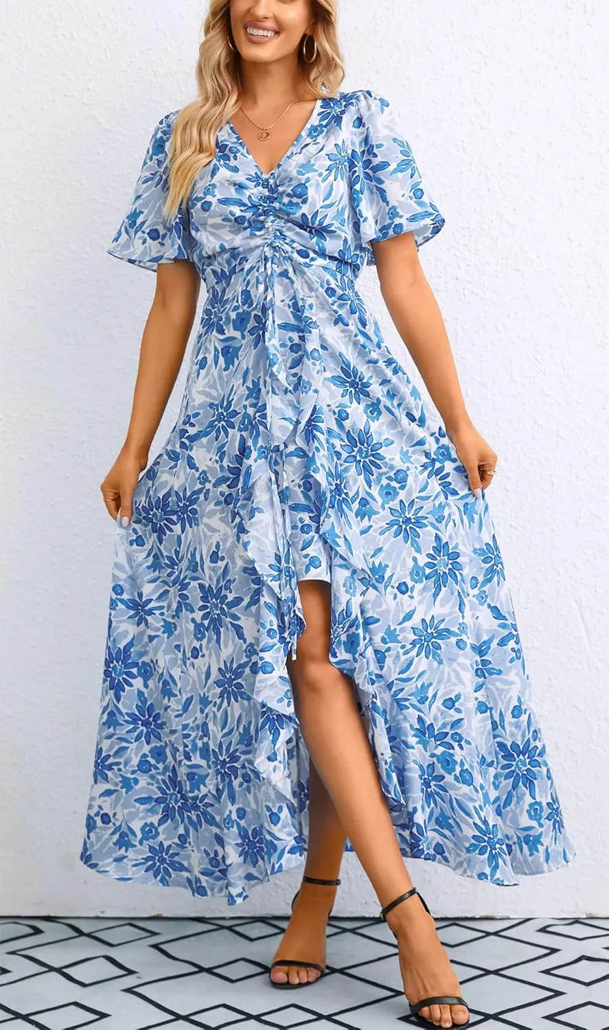 Mizukai Womens Short Sleeve V Neck Drawstring Adjustable Strap High Low Flowy Summer Casual Party Long Maxi Dress