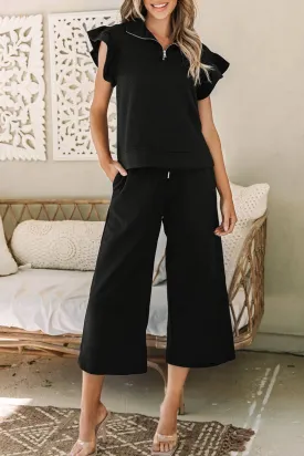 My Go To Textured Flutter Sleeve Top Wide Leg Pants Set