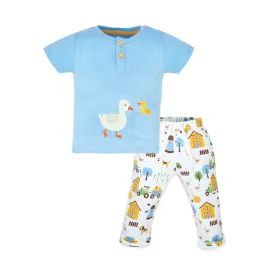 My Milestones Henley Front Open Bio-Wash Tee with Duck Print & Barnyard Print Joggers with Pockets - Blue & White