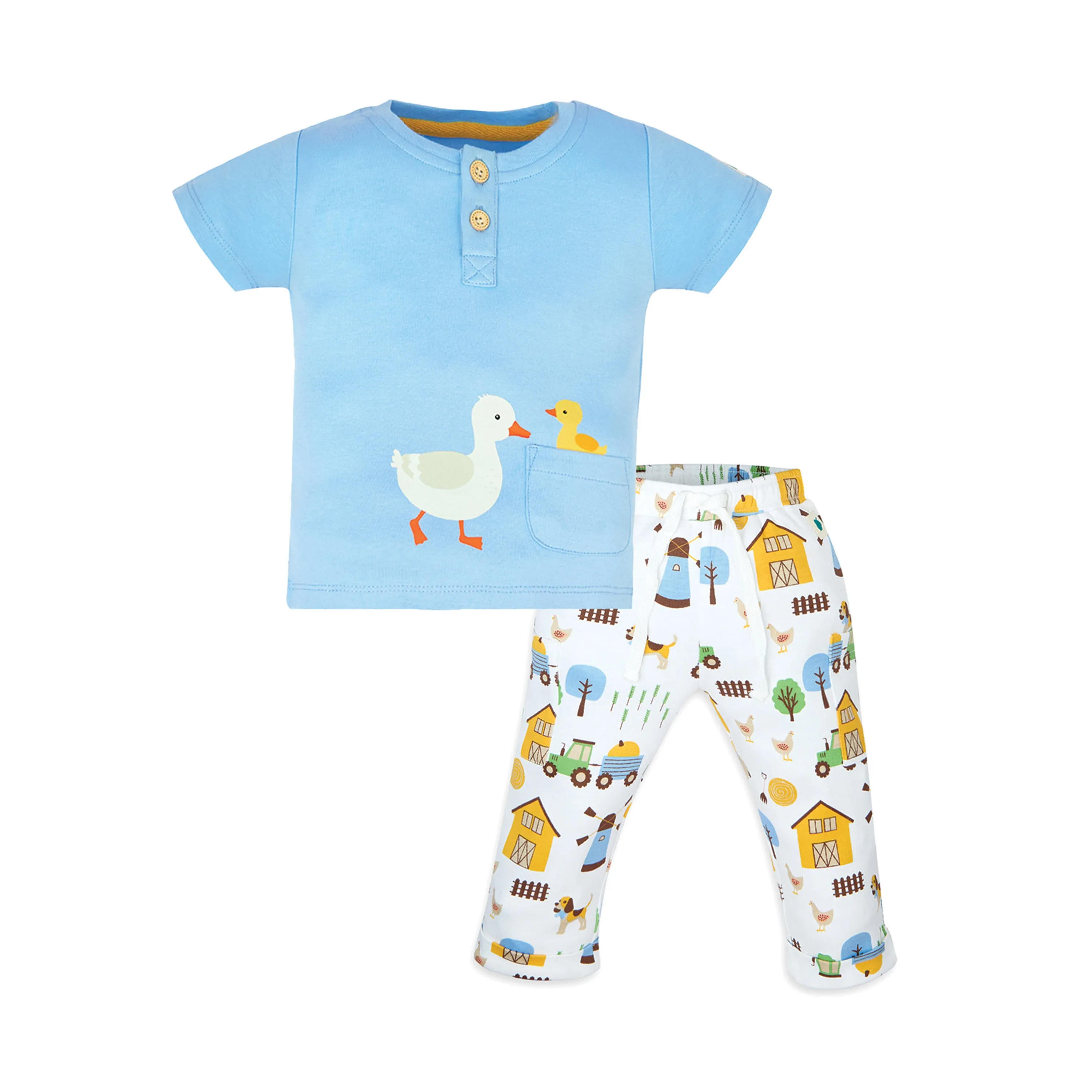 My Milestones Henley Front Open Bio-Wash Tee with Duck Print & Barnyard Print Joggers with Pockets - Blue & White