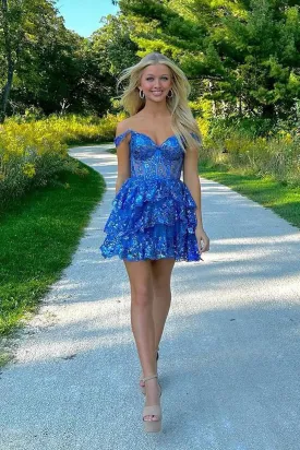 Off the Shoulder Blue Sequin Lace Short A-Line Homecoming Dresses VK23101208