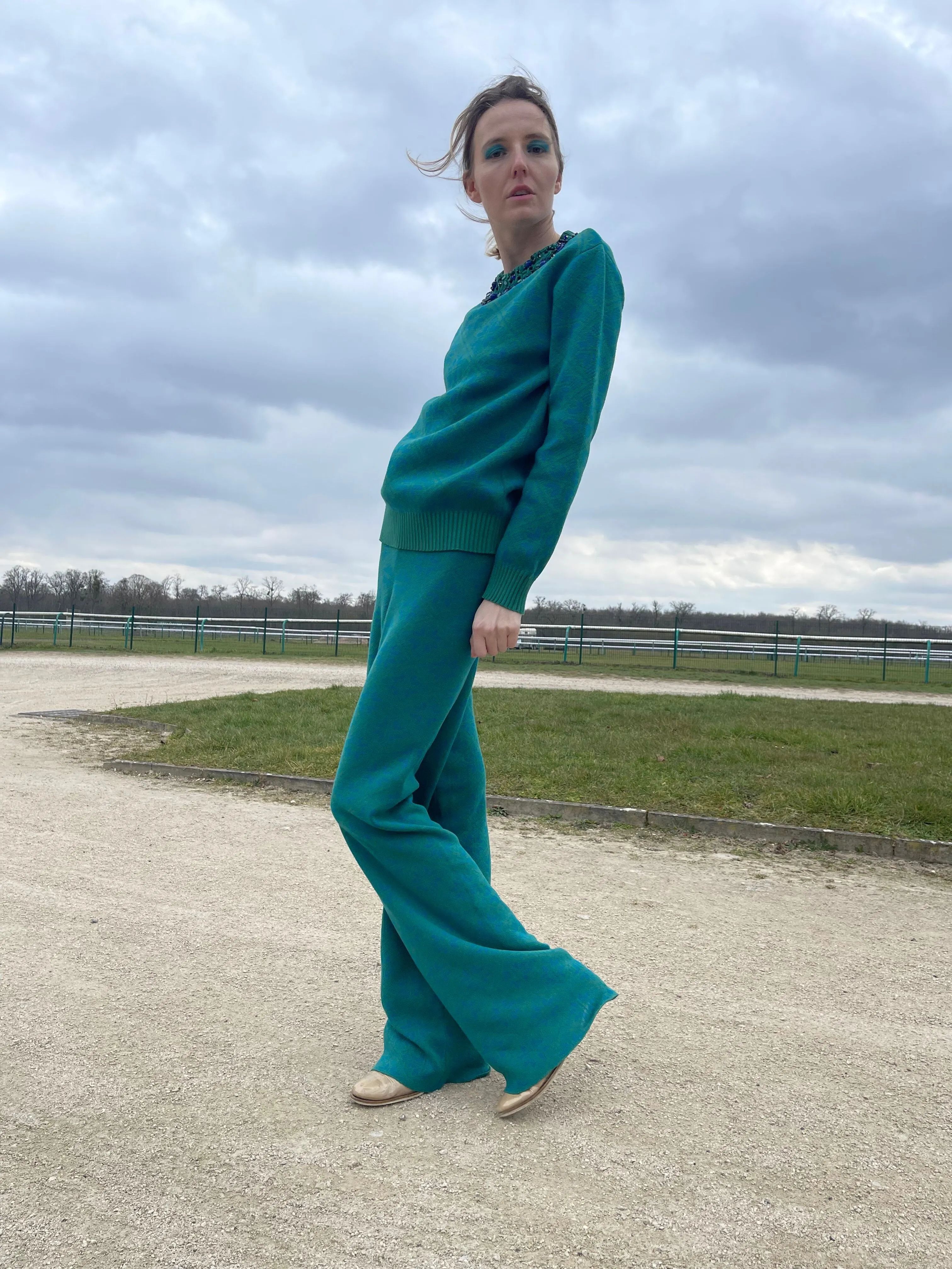Organic cotton jacquard knit relaxed fit pants