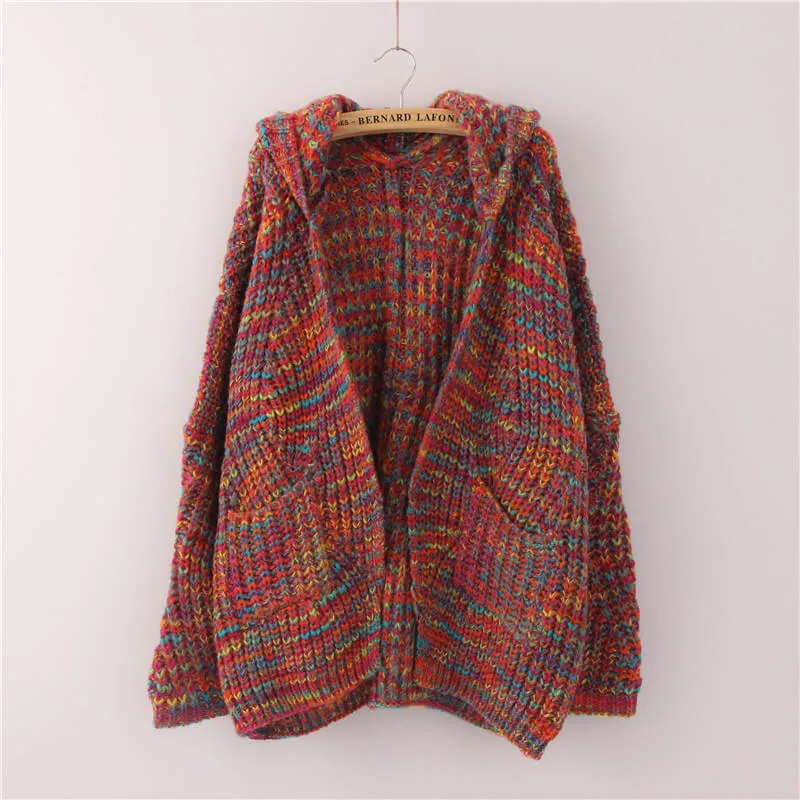 Oversized Hooded Colorful Knit Cardigan Sweater