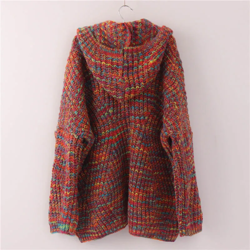Oversized Hooded Colorful Knit Cardigan Sweater