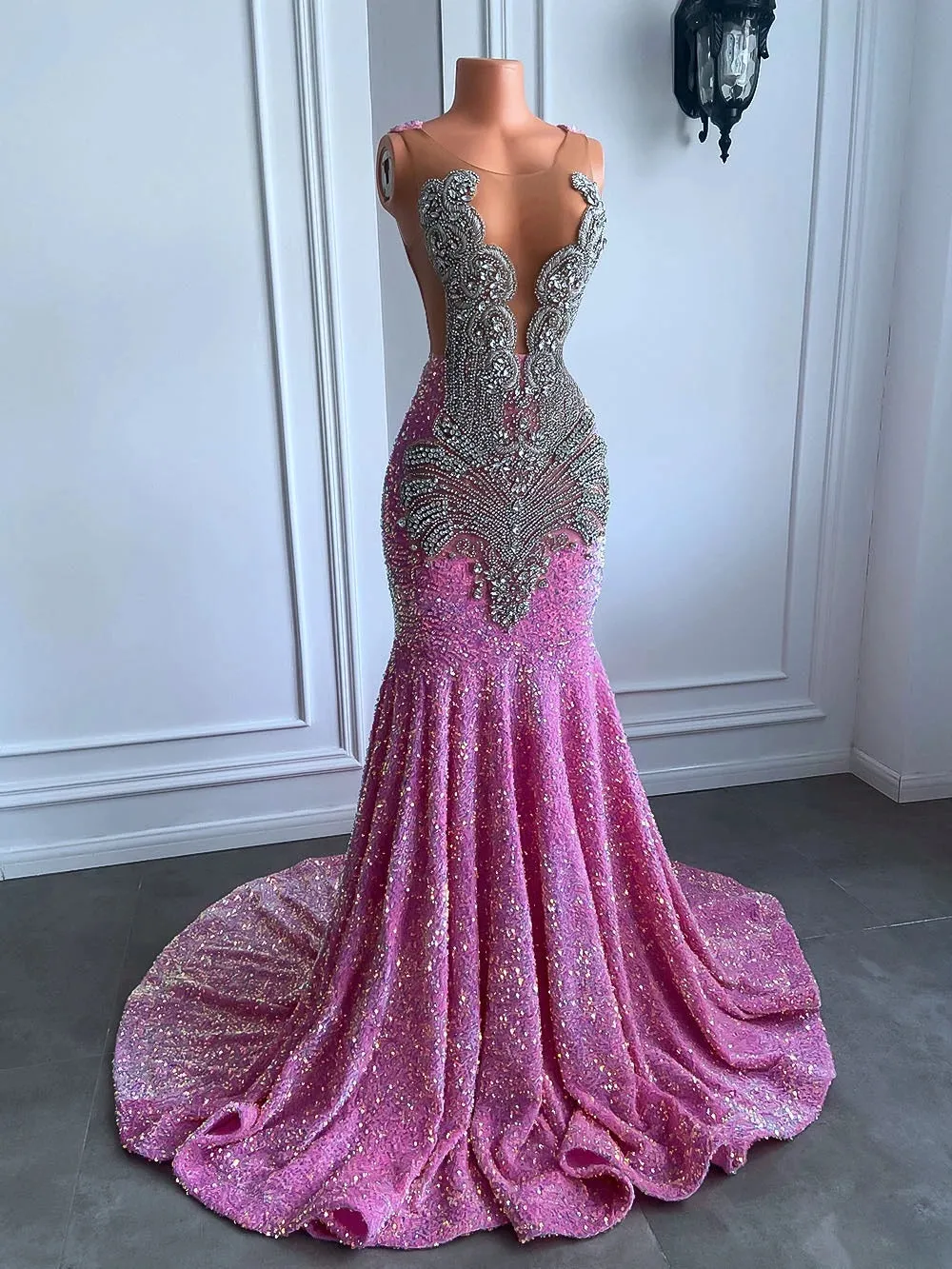 Pink Sparkly Glamorous Mermaid Formal Prom Evening Dress AL3023