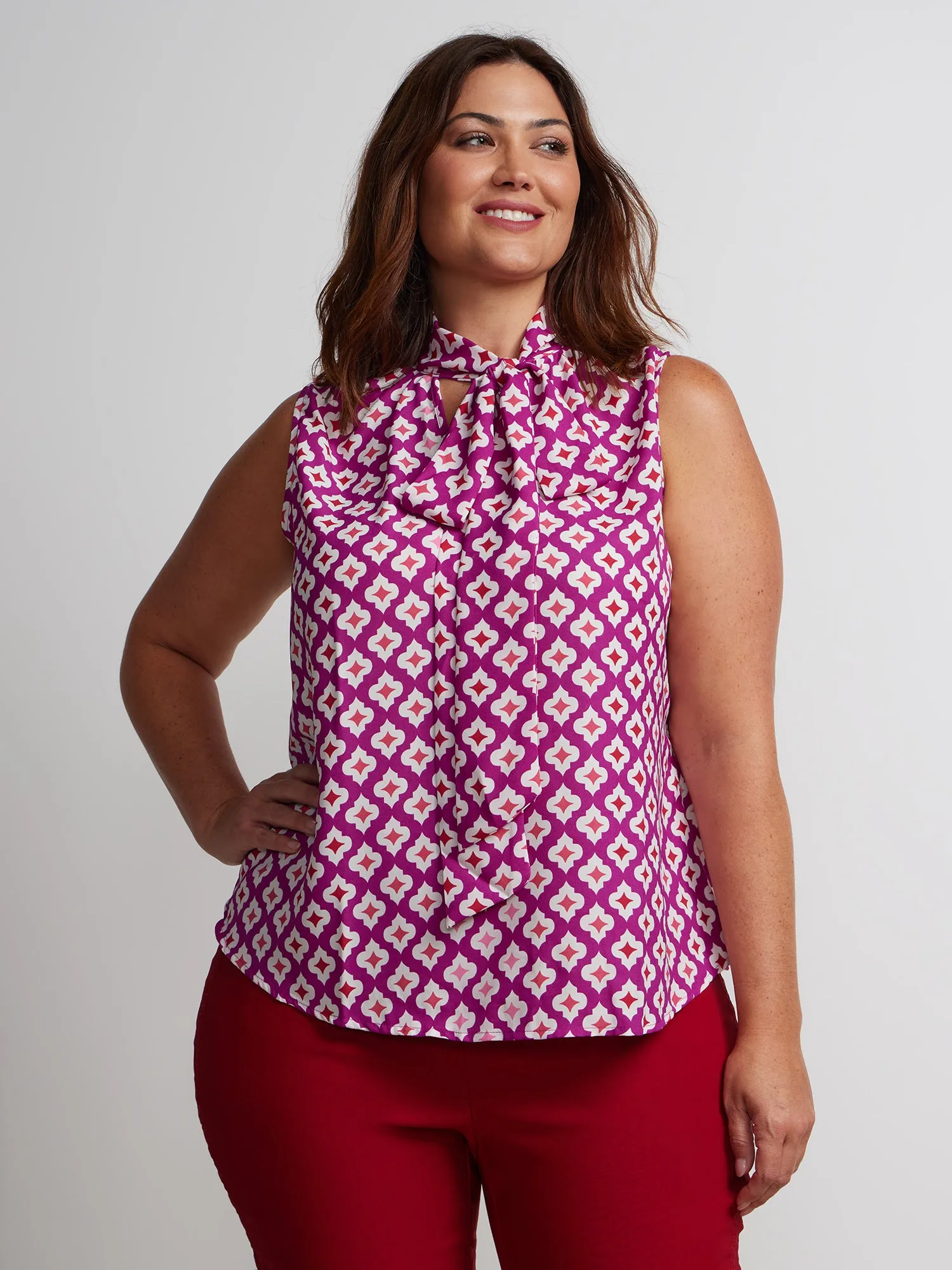 Plus Sleeveless Printed Tie Neck Blouse