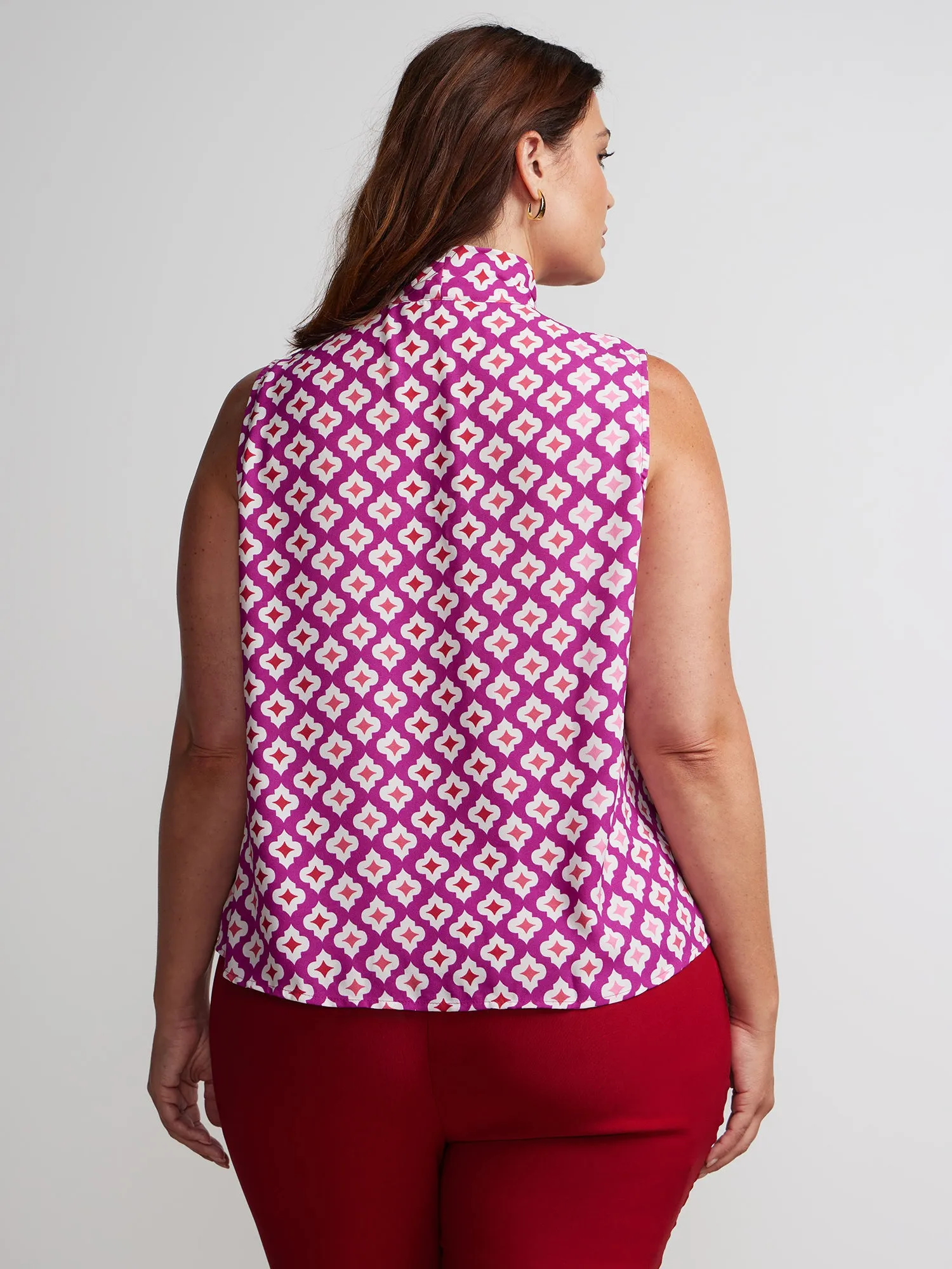 Plus Sleeveless Printed Tie Neck Blouse