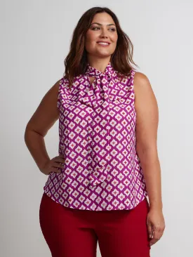 Plus Sleeveless Printed Tie Neck Blouse