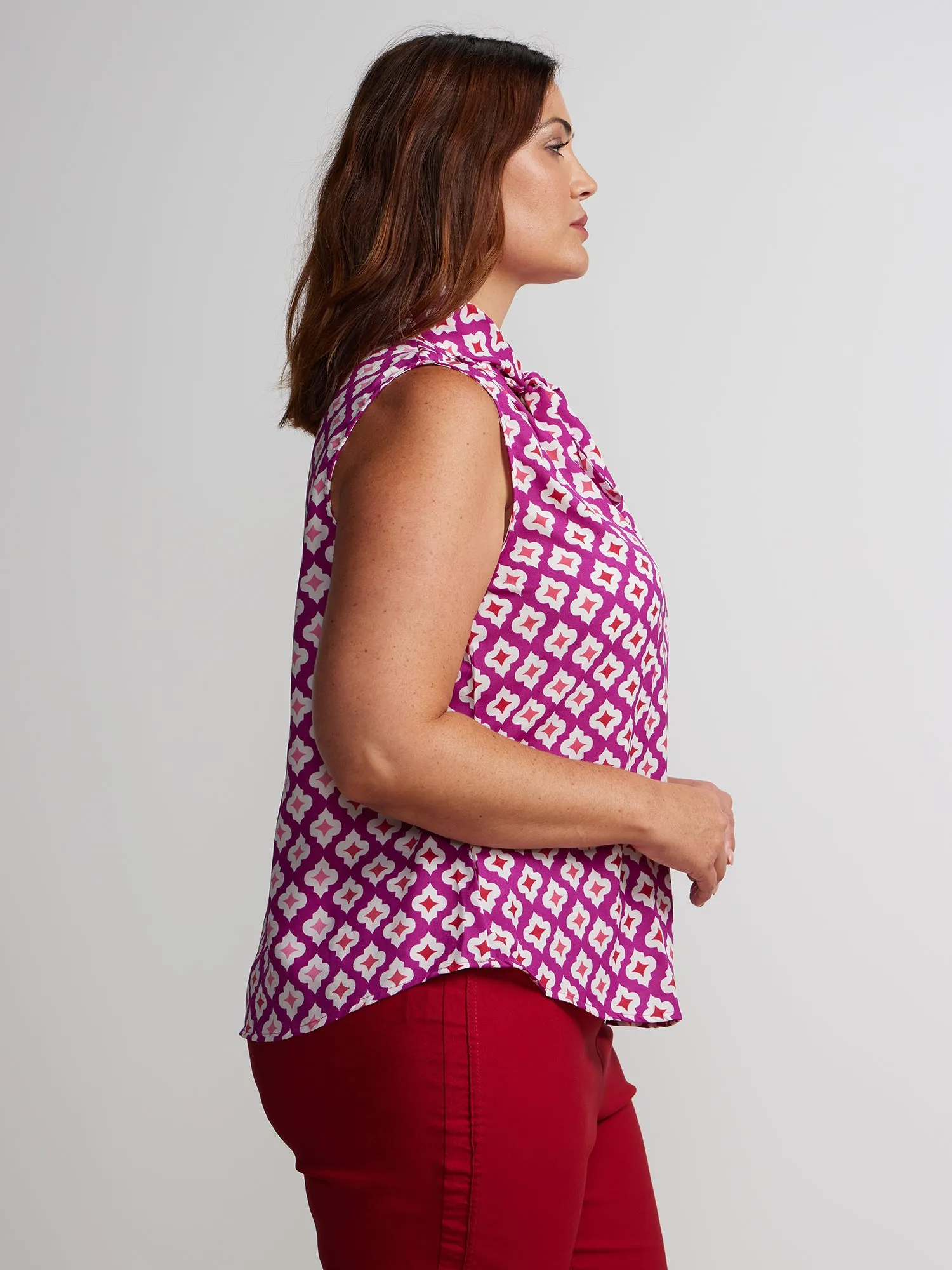 Plus Sleeveless Printed Tie Neck Blouse