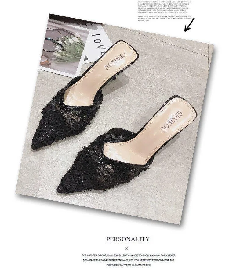 Pointed Toe Black Mesh Thin Heels