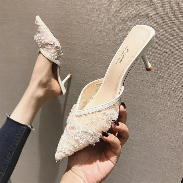 Pointed Toe Black Mesh Thin Heels