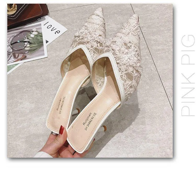 Pointed Toe Black Mesh Thin Heels