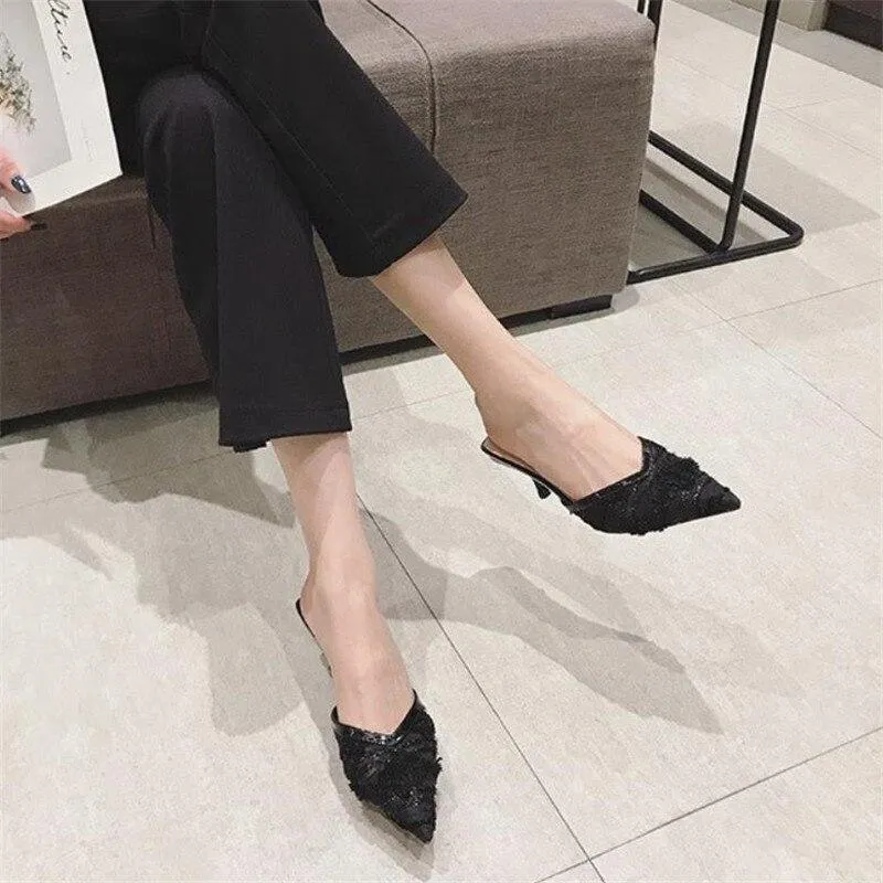 Pointed Toe Black Mesh Thin Heels
