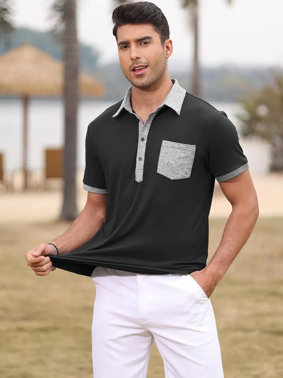Polo Shirts for Mens Casual Golf Shirt Classic Fashion Short Sleeve Slim Fit T-Shirts Button Top with Pocket
